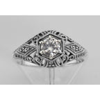 Detail view of White Topaz Filigree Ring Art Deco Style w/ 4 Diamonds highlighting White Topaz, Diamond