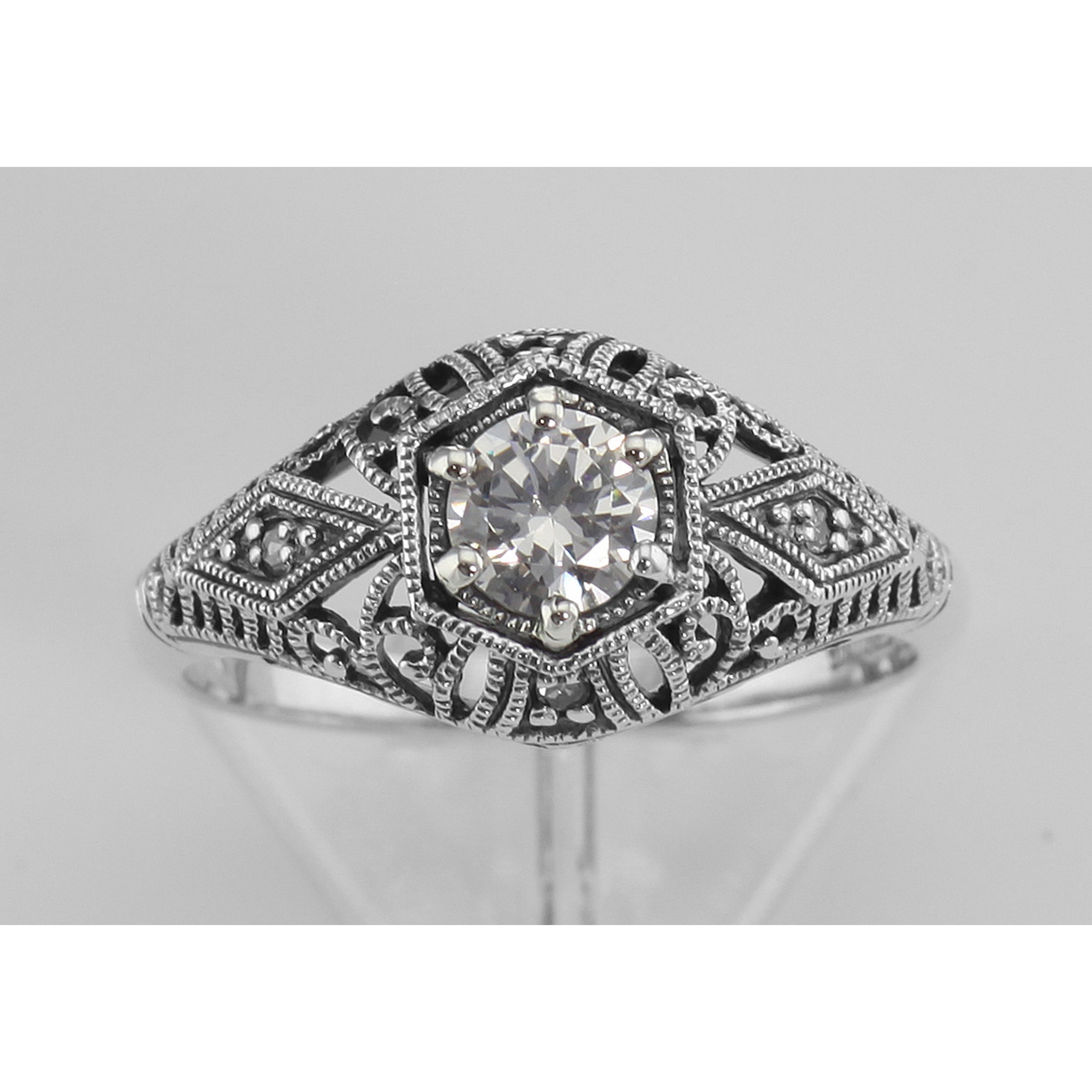 Detail view of White Topaz Filigree Ring Art Deco Style w/ 4 Diamonds highlighting White Topaz, Diamond