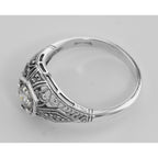 Back view of White Topaz Filigree Ring Art Deco Style w/ 4 Diamonds showing 925 sterling silver hallmark