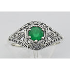 Detail view of Emerald Filigree Ring Art Deco Style w/ 4 Diamonds highlighting Emerald, Diamond