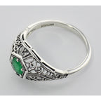 Back view of Emerald Filigree Ring Art Deco Style w/ 4 Diamonds showing 925 sterling silver hallmark