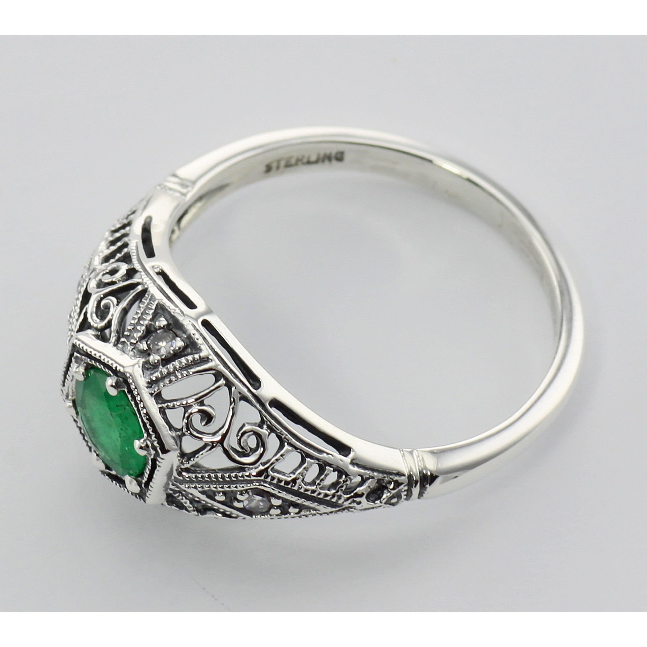 Back view of Emerald Filigree Ring Art Deco Style w/ 4 Diamonds showing 925 sterling silver hallmark
