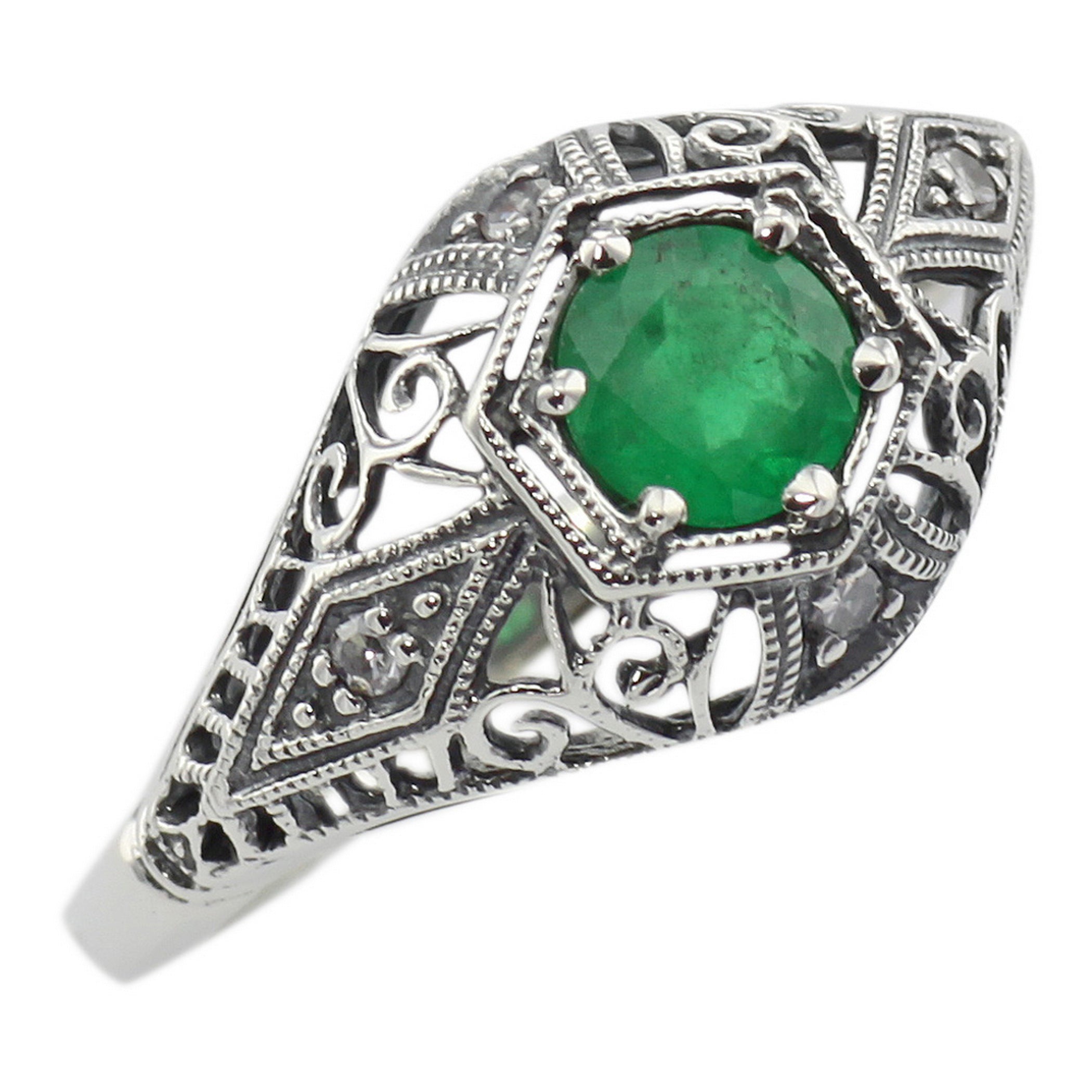 Art Deco style, Emerald, Diamond, sterling silver rings, front view