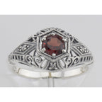 Detail view of Art Deco Style Garnet Filigree Ring w/ 4 Diamonds highlighting Garnet, Diamond