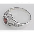 Back view of Art Deco Style Garnet Filigree Ring w/ 4 Diamonds showing 925 sterling silver hallmark