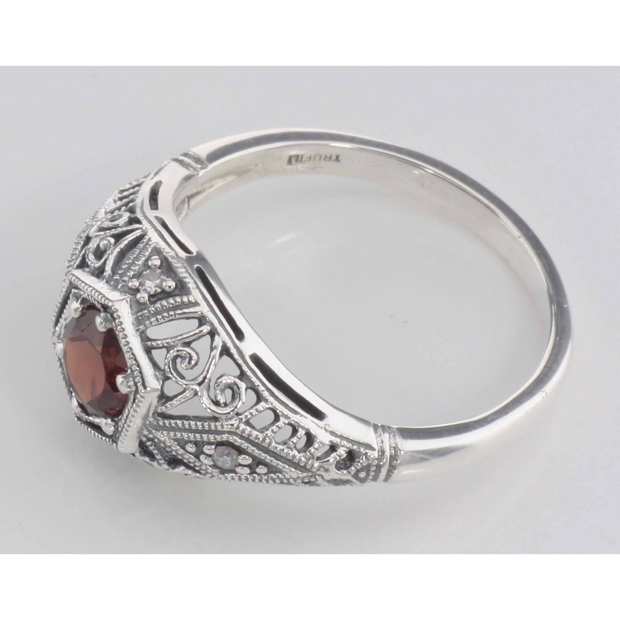 Back view of Art Deco Style Garnet Filigree Ring w/ 4 Diamonds showing 925 sterling silver hallmark