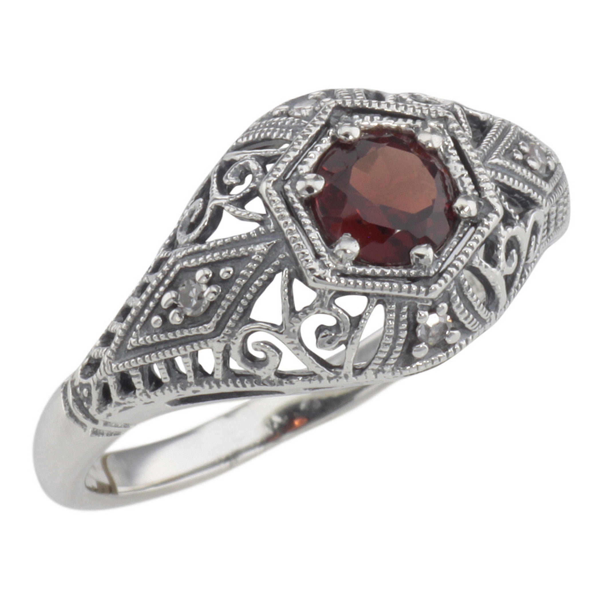 Art Deco style, Garnet, Diamond, sterling silver rings, front view