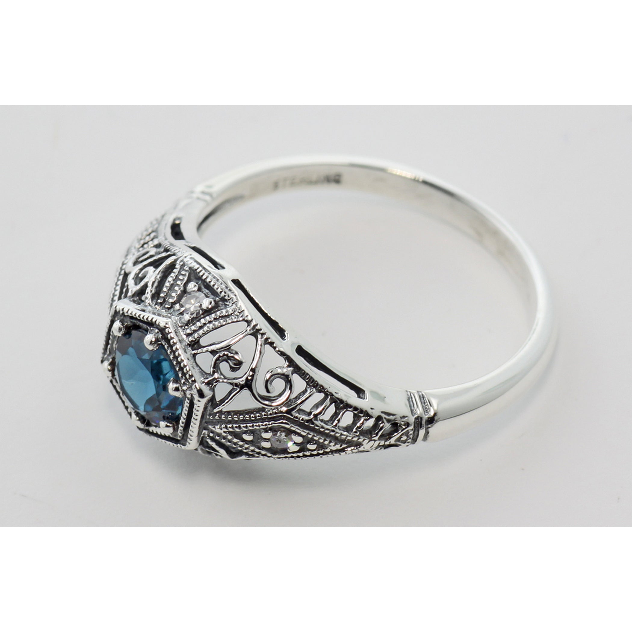 Back view of Art Deco Style London Blue Topaz Diamond Ring showing 925 sterling silver hallmark