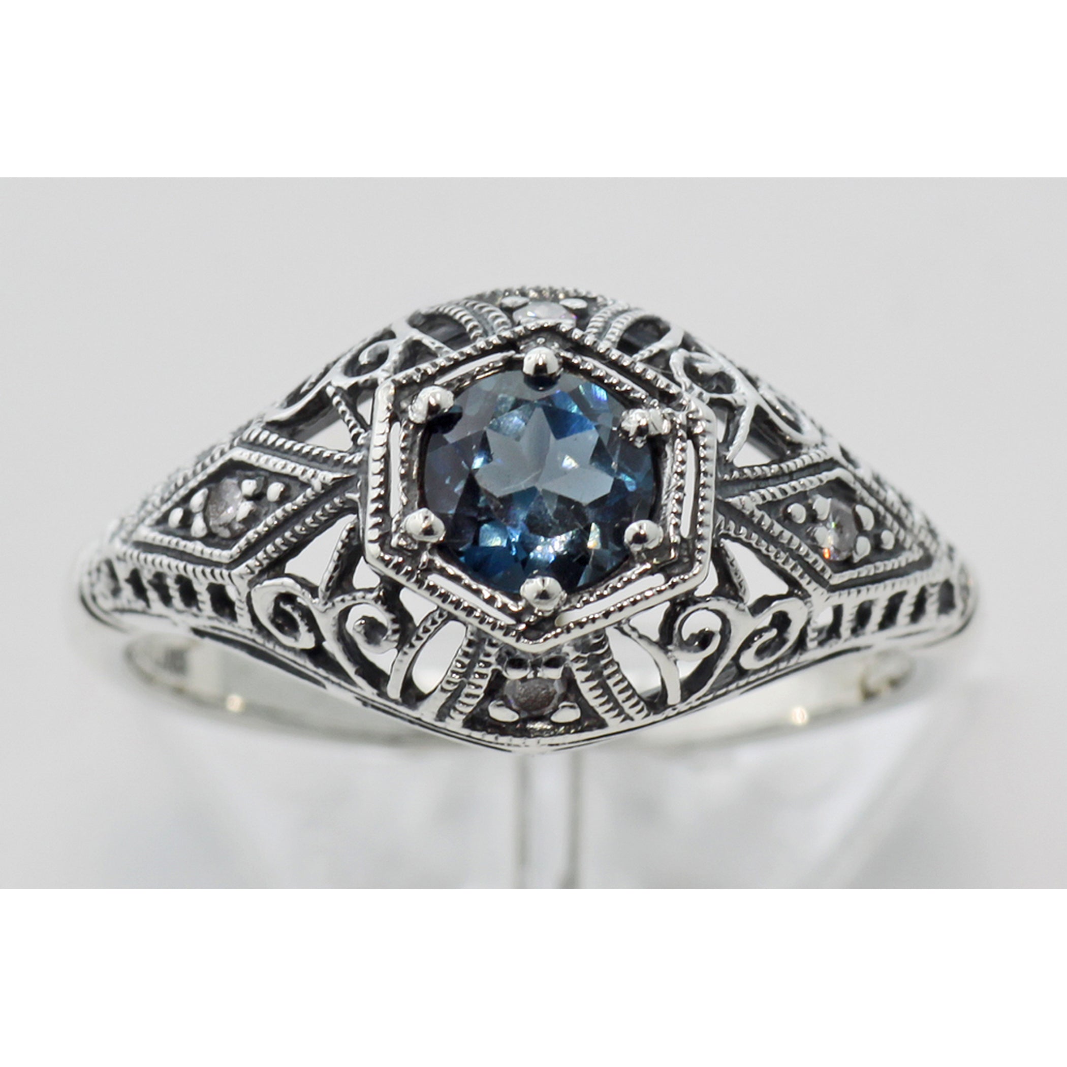 Detail view of Art Deco Style London Blue Topaz Diamond Ring highlighting Blue Topaz, London Blue Topaz