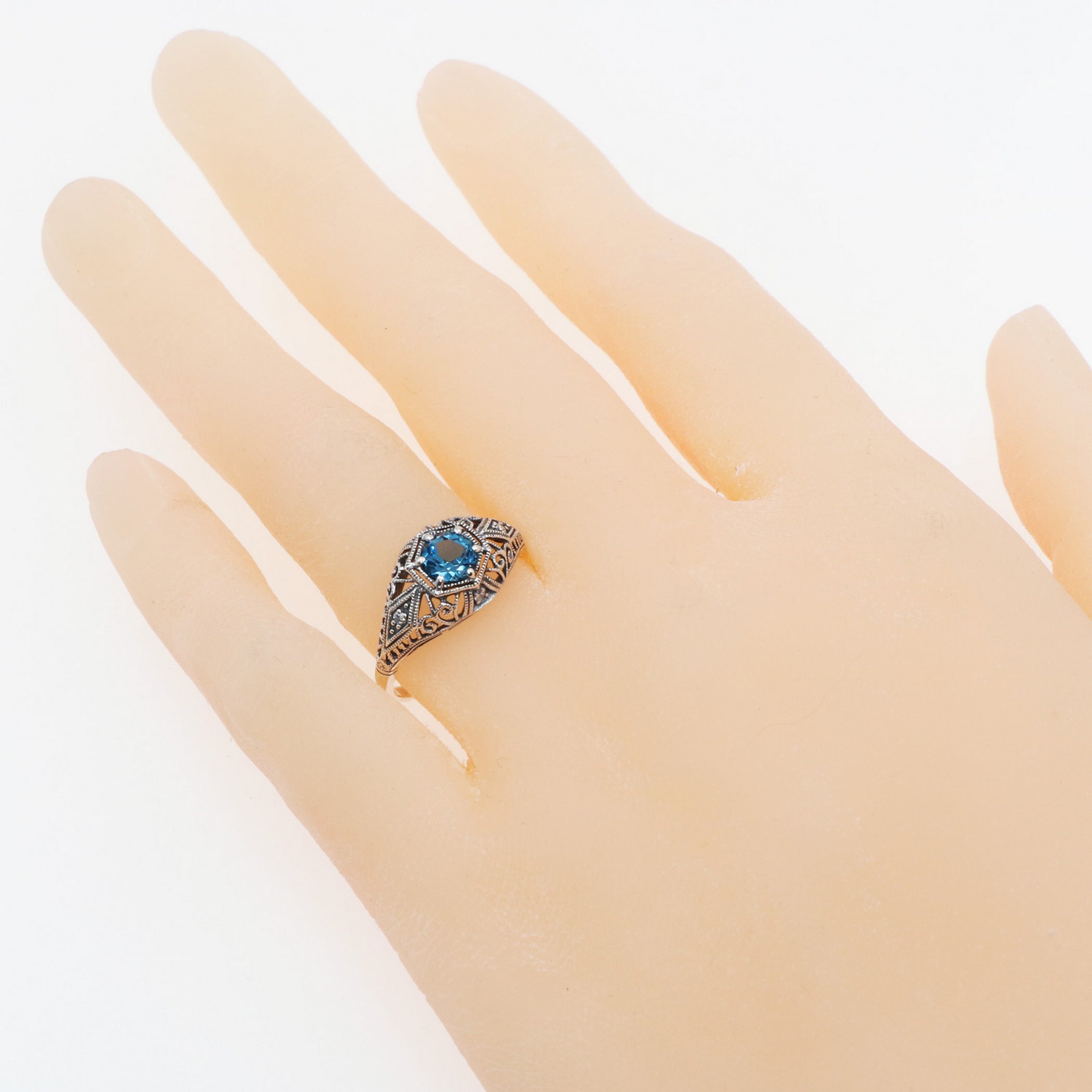 Detail view of Art Deco Style London Blue Topaz Diamond Ring highlighting Blue Topaz, London Blue Topaz