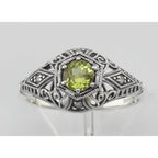 Detail view of Art Deco Style Peridot Filigree Ring w/ 4 Diamonds highlighting Diamond, Peridot