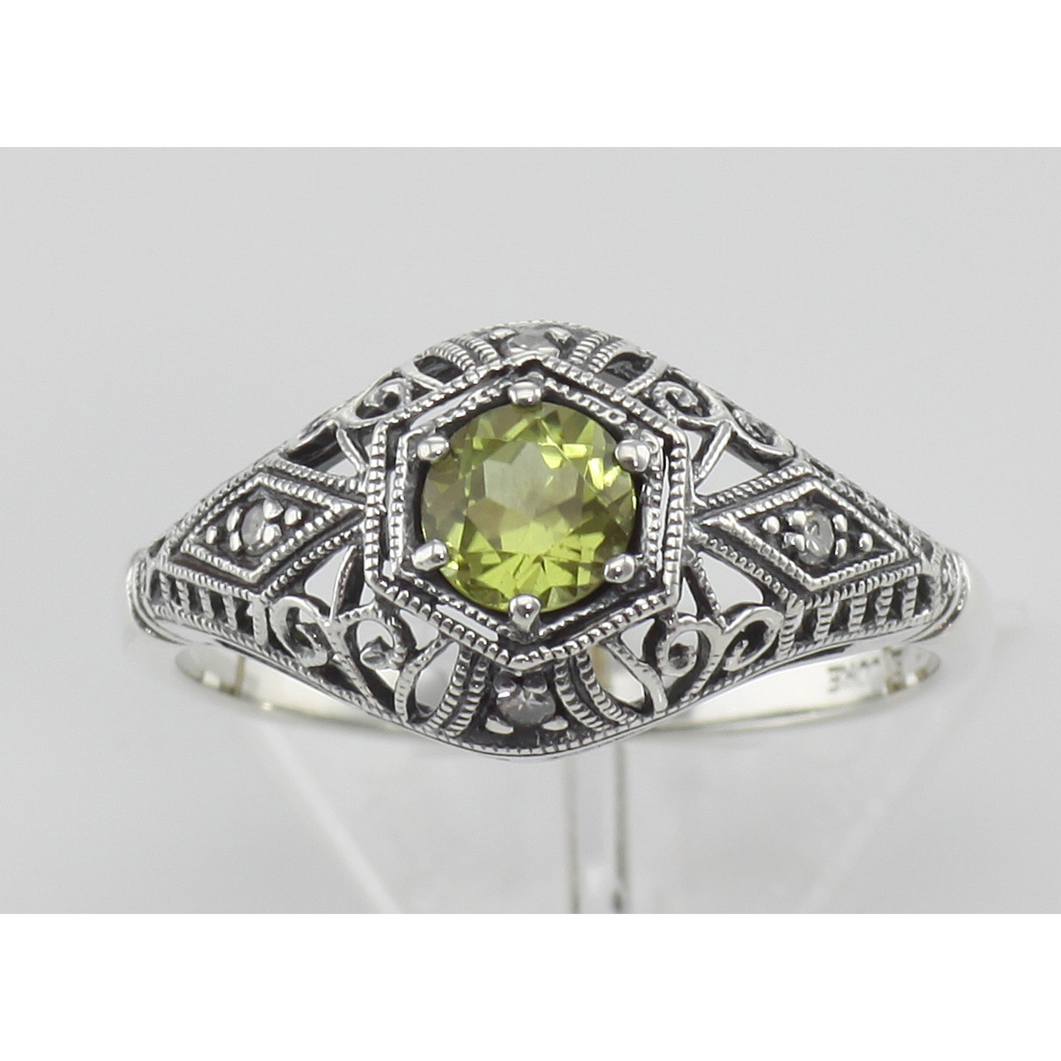 Detail view of Art Deco Style Peridot Filigree Ring w/ 4 Diamonds highlighting Diamond, Peridot