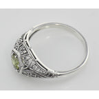 Back view of Art Deco Style Peridot Filigree Ring w/ 4 Diamonds showing 925 sterling silver hallmark