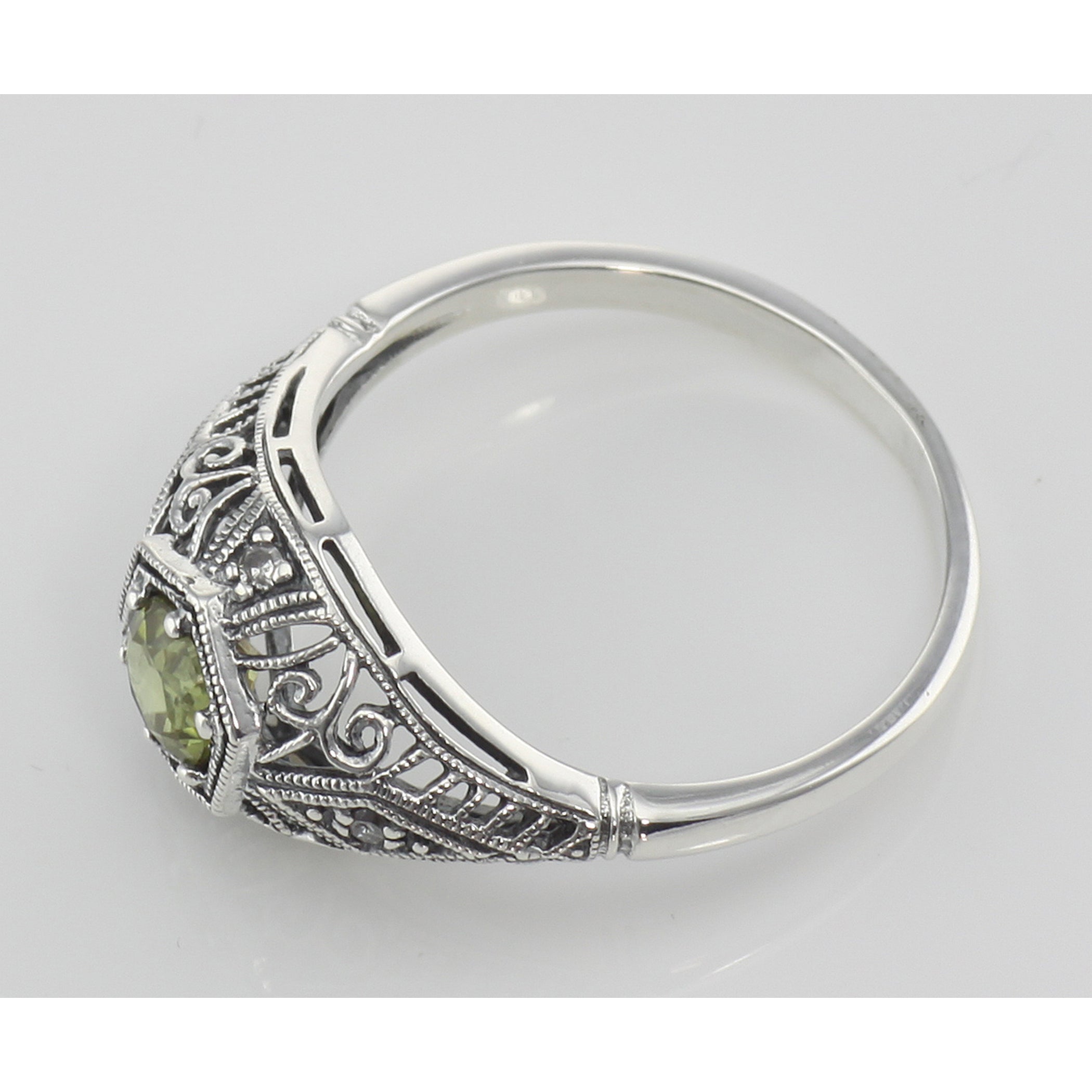 Back view of Art Deco Style Peridot Filigree Ring w/ 4 Diamonds showing 925 sterling silver hallmark