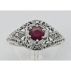 Detail view of Ruby Filigree Ring Art Deco Style w/ 4 Diamonds highlighting Ruby, Diamond