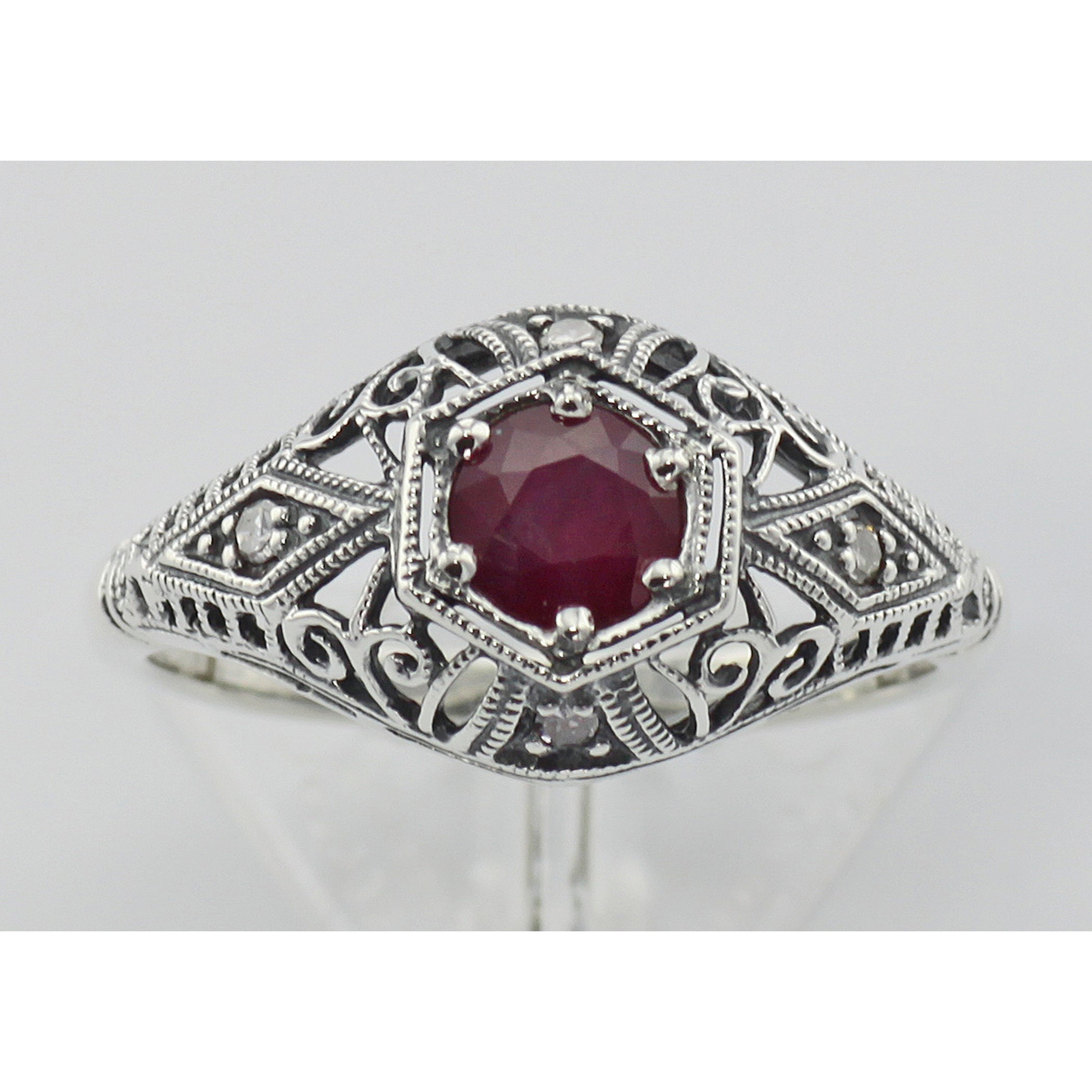 Detail view of Ruby Filigree Ring Art Deco Style w/ 4 Diamonds highlighting Ruby, Diamond