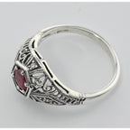 Back view of Ruby Filigree Ring Art Deco Style w/ 4 Diamonds showing 925 sterling silver hallmark
