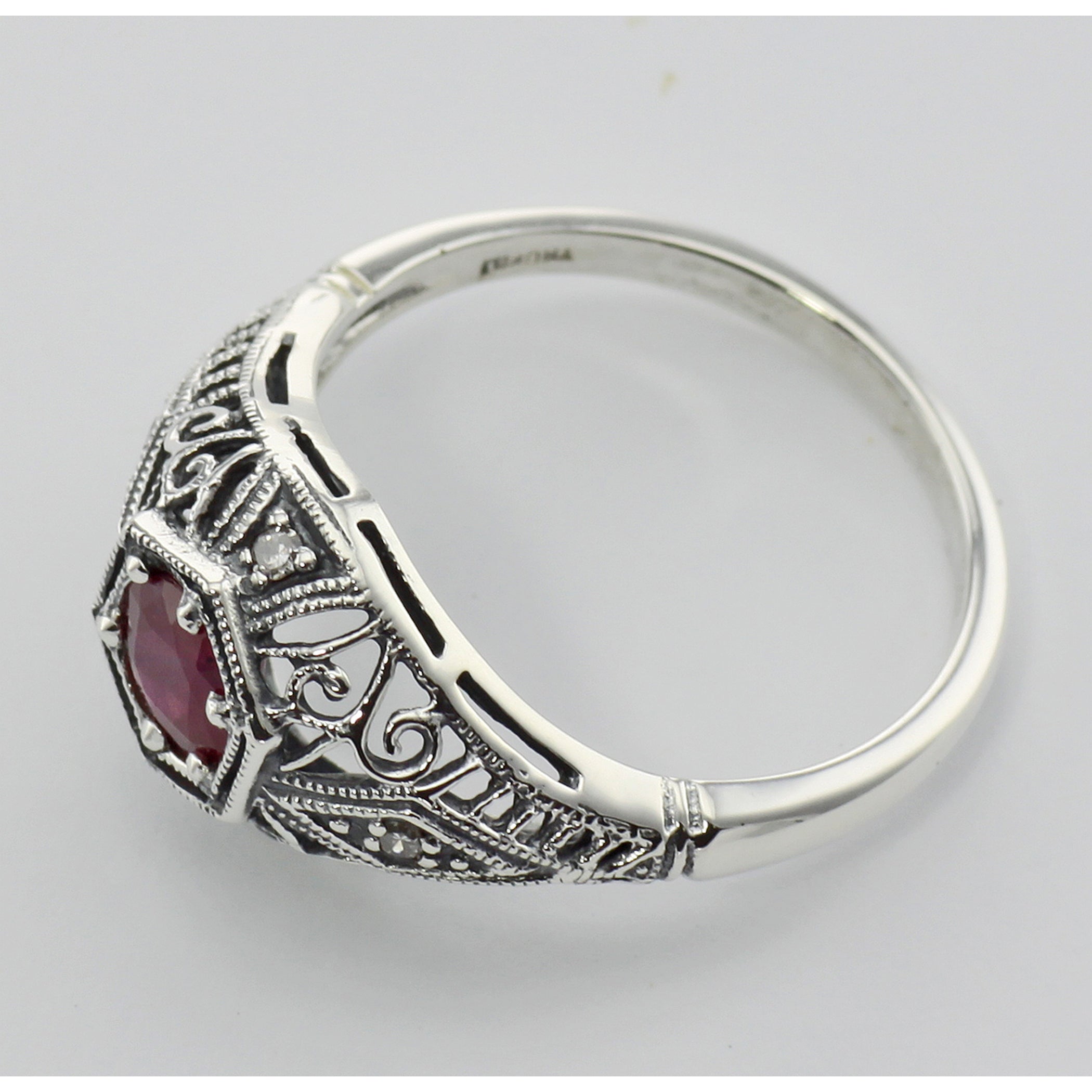 Back view of Ruby Filigree Ring Art Deco Style w/ 4 Diamonds showing 925 sterling silver hallmark
