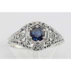Detail view of Art Deco Style Sapphire Filigree Ring w/ 4 Diamonds highlighting Sapphire, Diamond