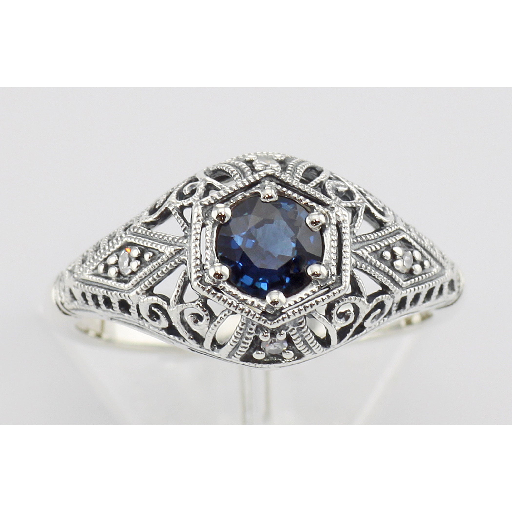 Detail view of Art Deco Style Sapphire Filigree Ring w/ 4 Diamonds highlighting Sapphire, Diamond