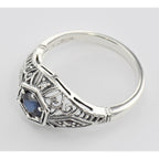 Back view of Art Deco Style Sapphire Filigree Ring w/ 4 Diamonds showing 925 sterling silver hallmark