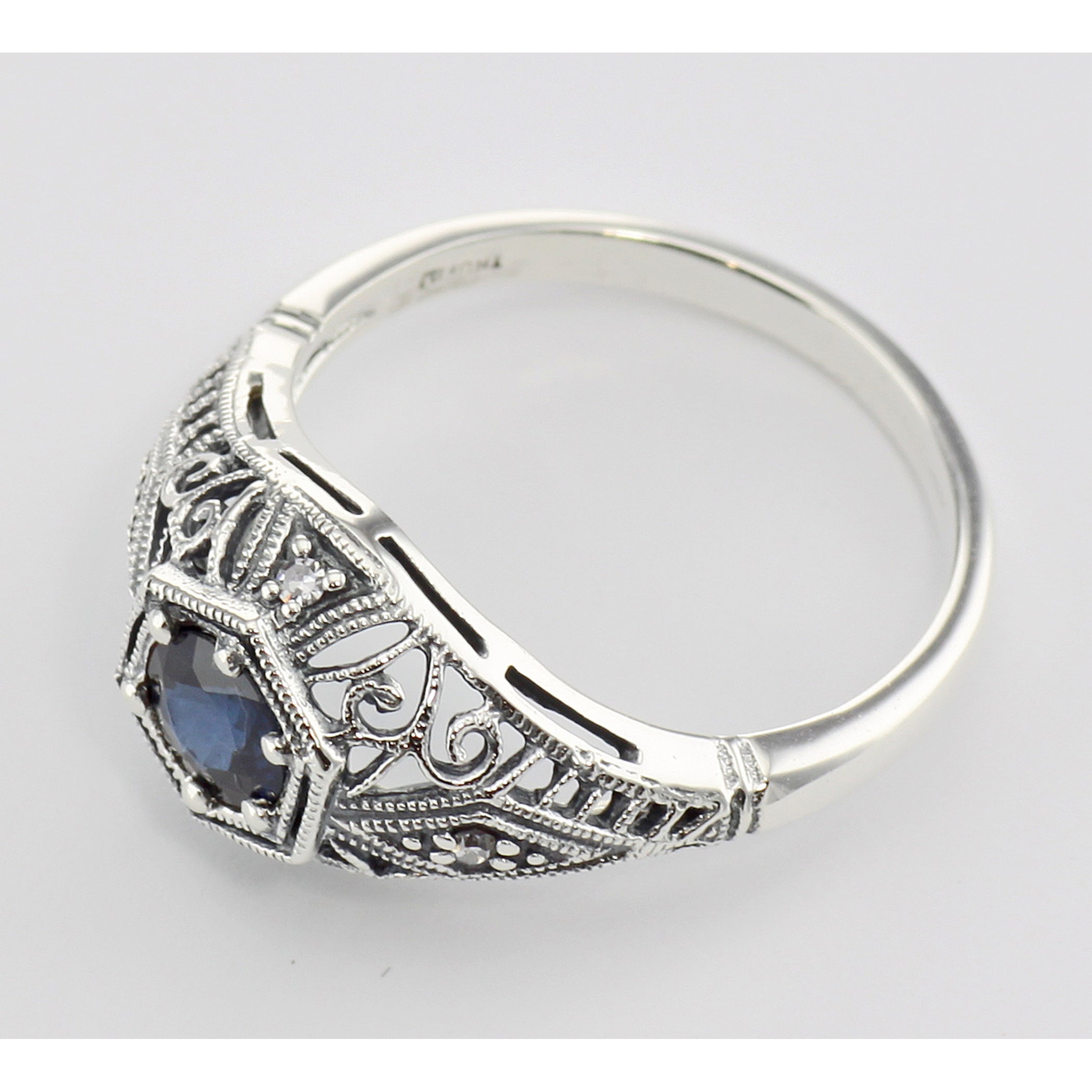 Back view of Art Deco Style Sapphire Filigree Ring w/ 4 Diamonds showing 925 sterling silver hallmark