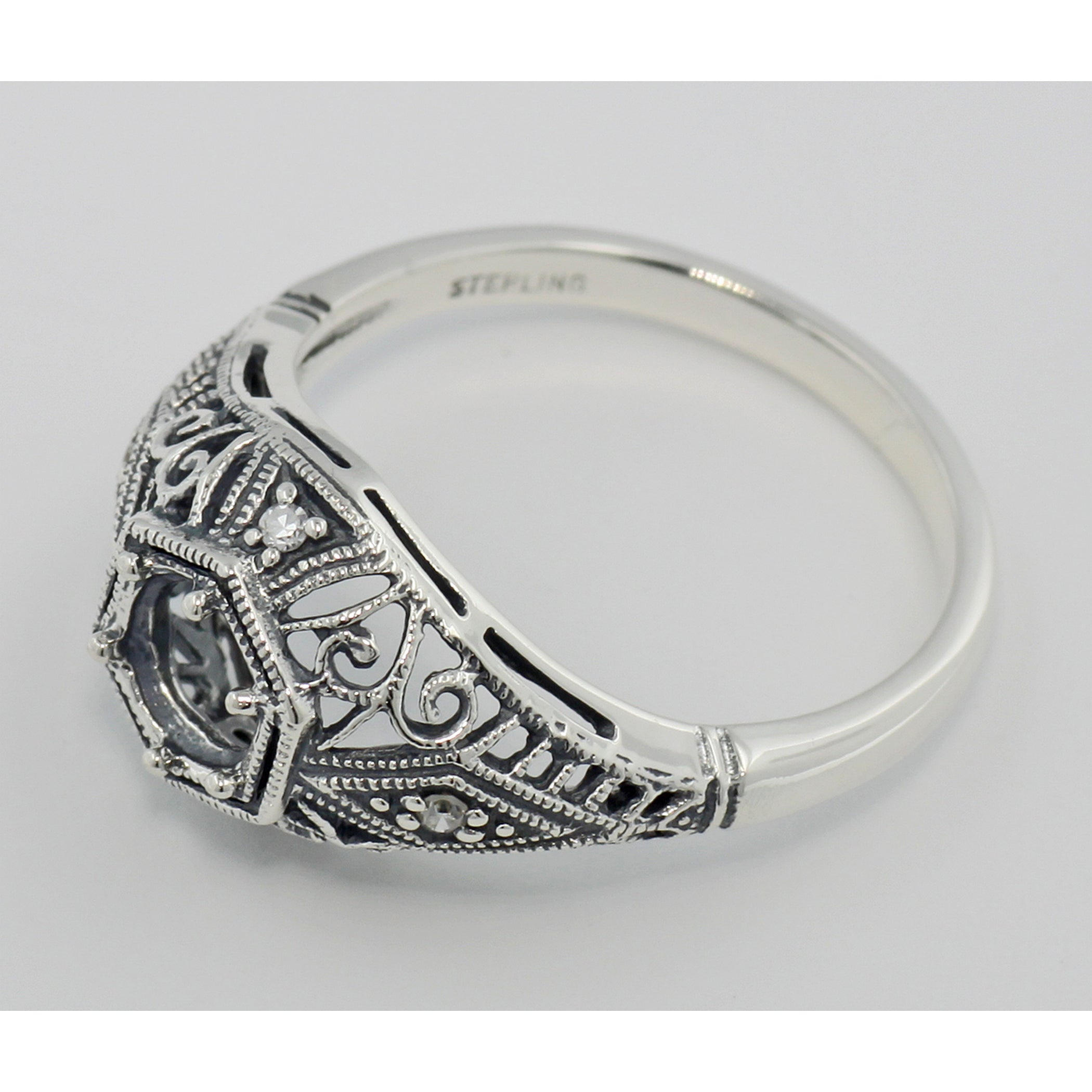 Back view of Semi Mount 5mm Art Deco Diamond Filigree Ring showing 925 sterling silver hallmark