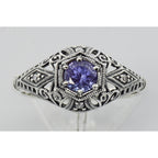 Back view of Tanzanite Filigree Ring Art Deco Style w/ 4 Diamonds showing 925 sterling silver hallmark