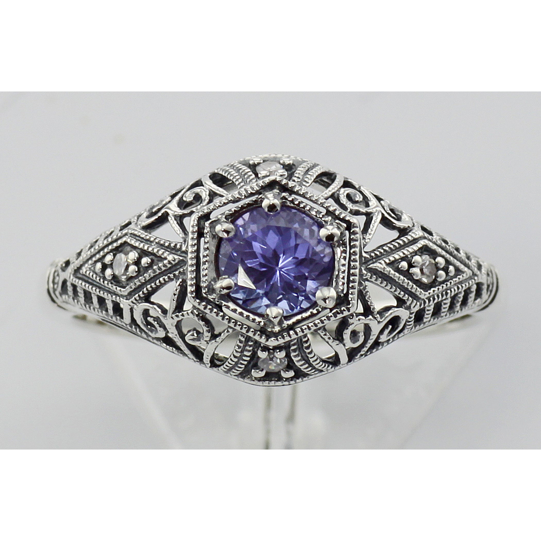 Back view of Tanzanite Filigree Ring Art Deco Style w/ 4 Diamonds showing 925 sterling silver hallmark