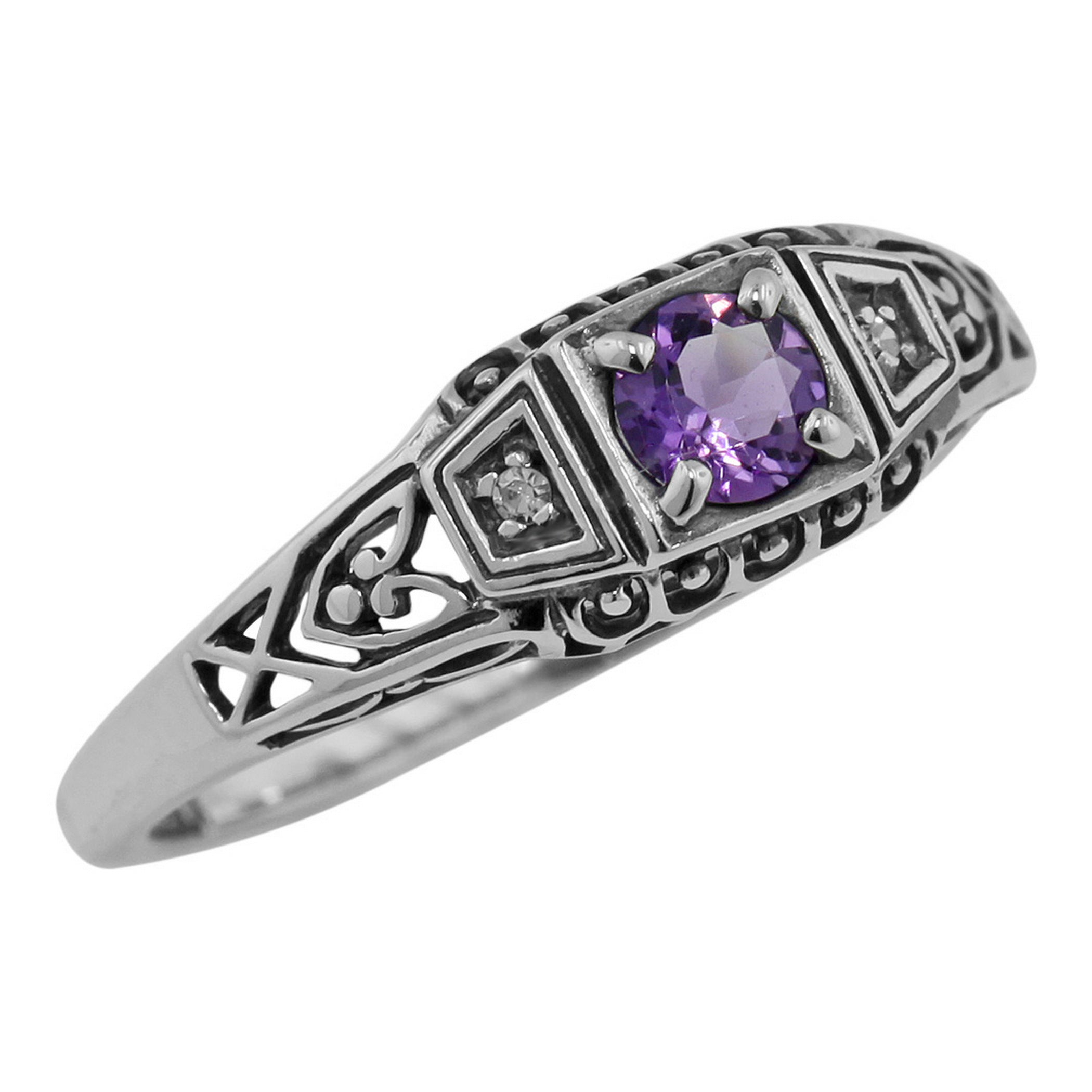 Filigree, Amethyst, Diamond, sterling silver rings, front view