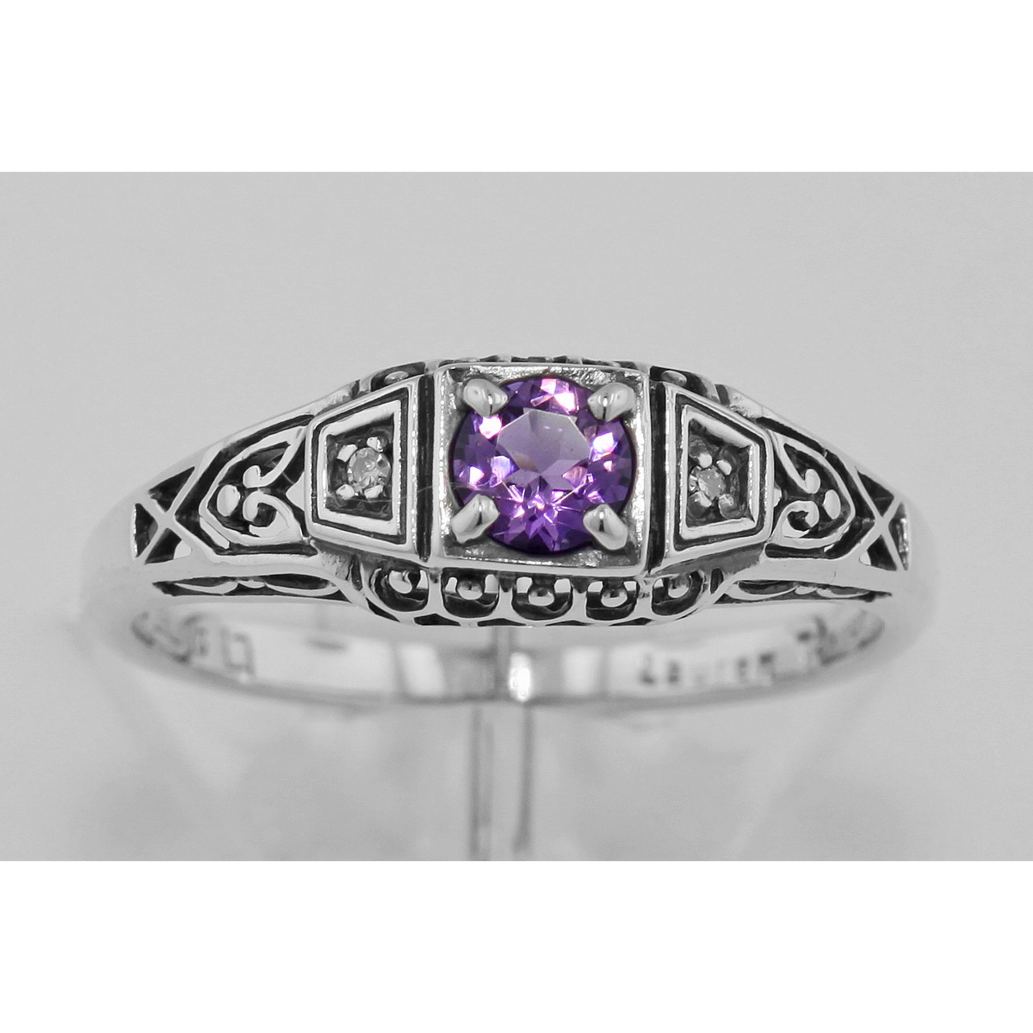 Back view of Amethyst Filigree Ring w/ 2 Diamonds showing 925 sterling silver hallmark