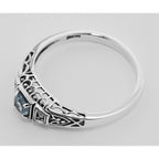 Detail view of Antique Style Sterling Silver Blue Topaz / Diamond Filigree Ring highlighting Blue Topaz, Diamond
