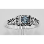 Back view of Antique Style Sterling Silver Blue Topaz / Diamond Filigree Ring showing 925 sterling silver hallmark
