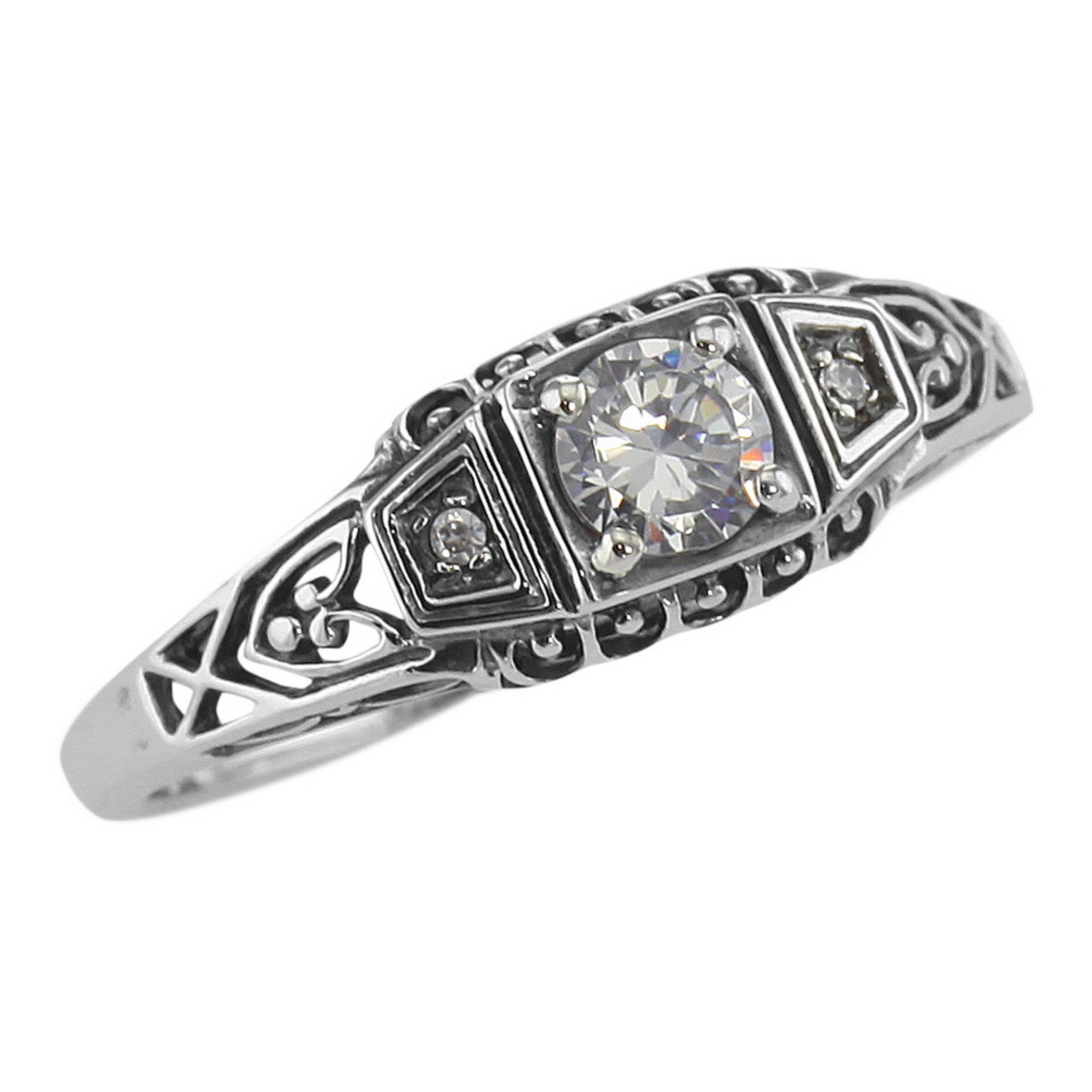 Filigree, Diamond, CZ, sterling silver rings, front view