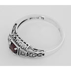 Back view of Garnet Filigree Ring w/ 2 Diamonds showing 925 sterling silver hallmark