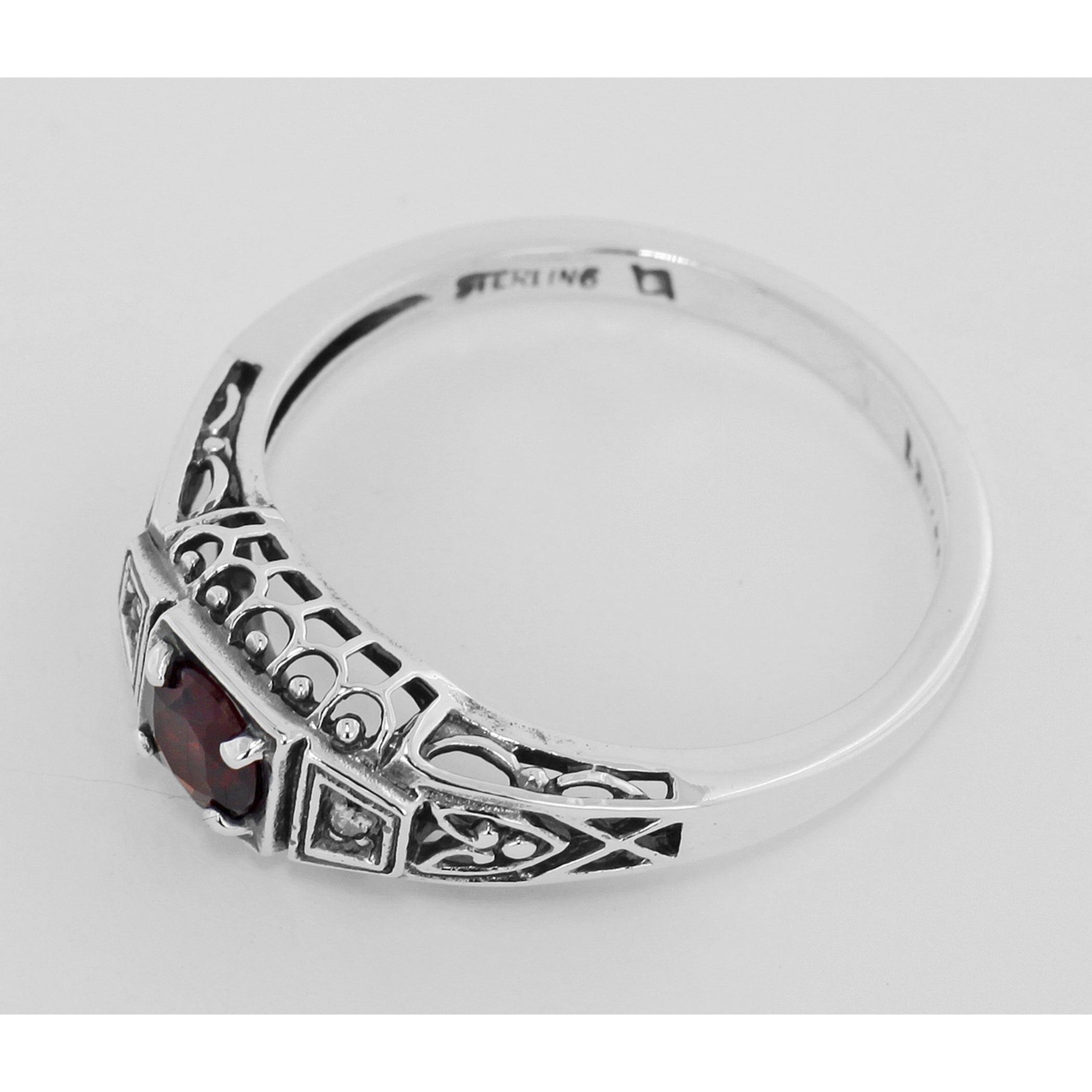 Back view of Garnet Filigree Ring w/ 2 Diamonds showing 925 sterling silver hallmark