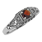 Filigree, Garnet, Diamond, sterling silver rings, front view