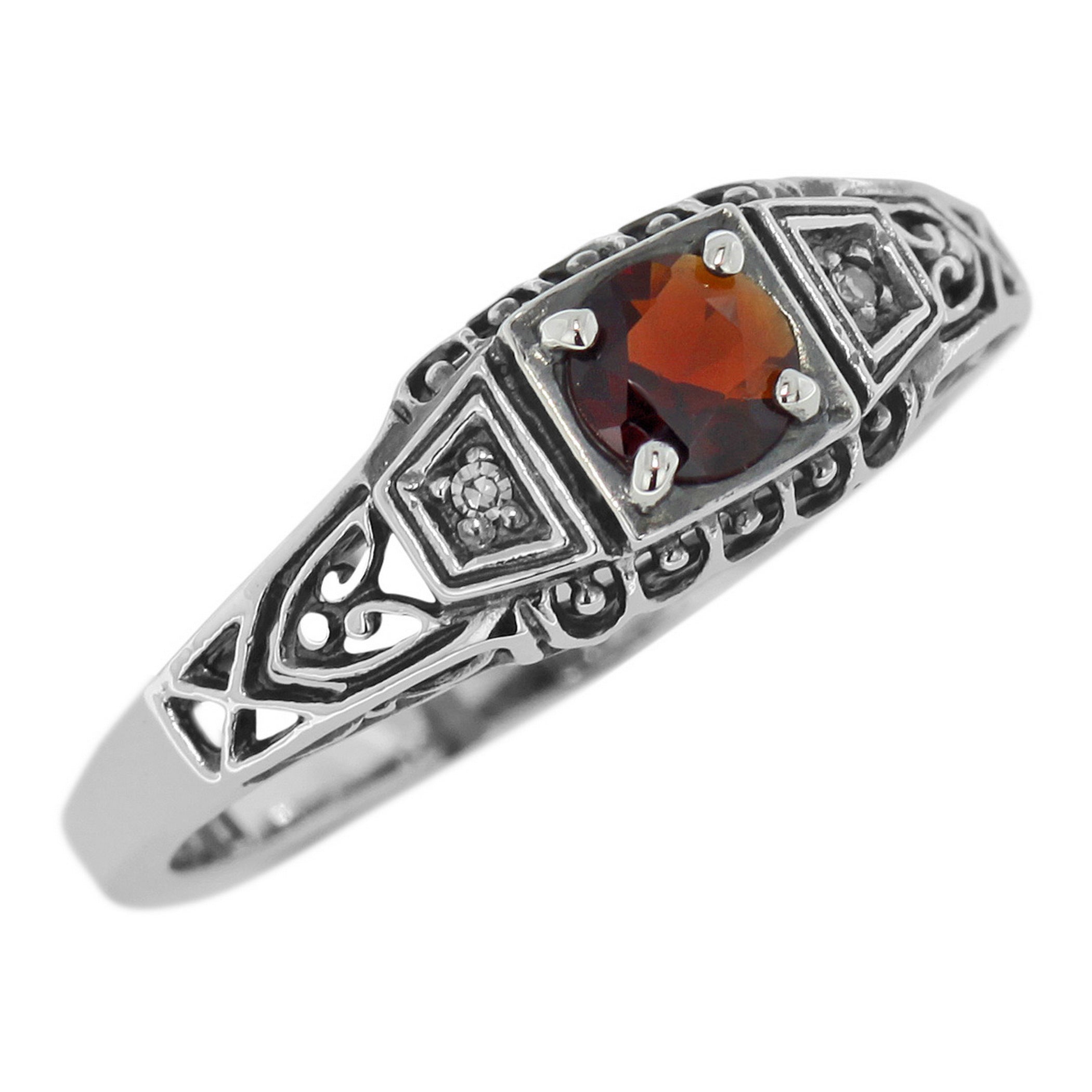 Filigree, Garnet, Diamond, sterling silver rings, front view