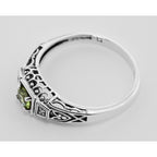 Back view of Victorian Style Peridot and Diamond Filigree Ring showing 925 sterling silver hallmark