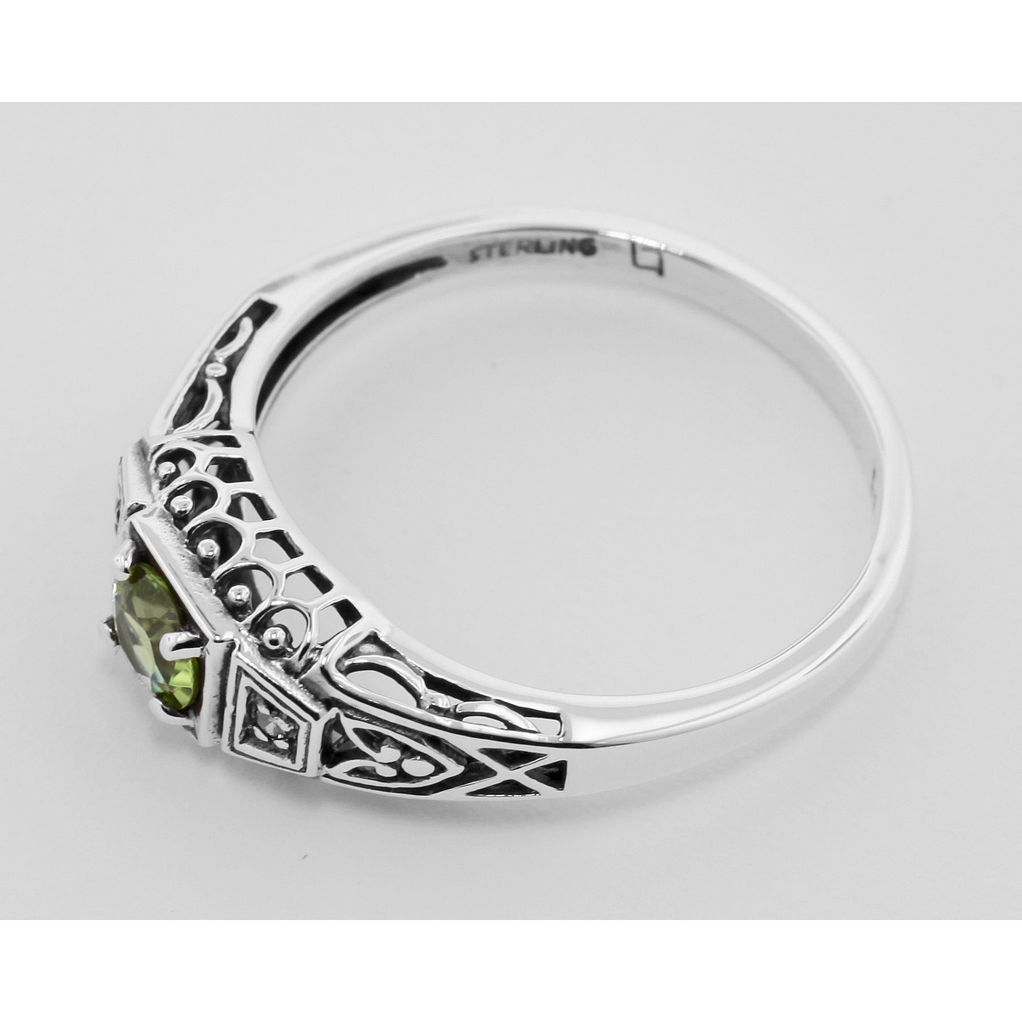 Back view of Victorian Style Peridot and Diamond Filigree Ring showing 925 sterling silver hallmark