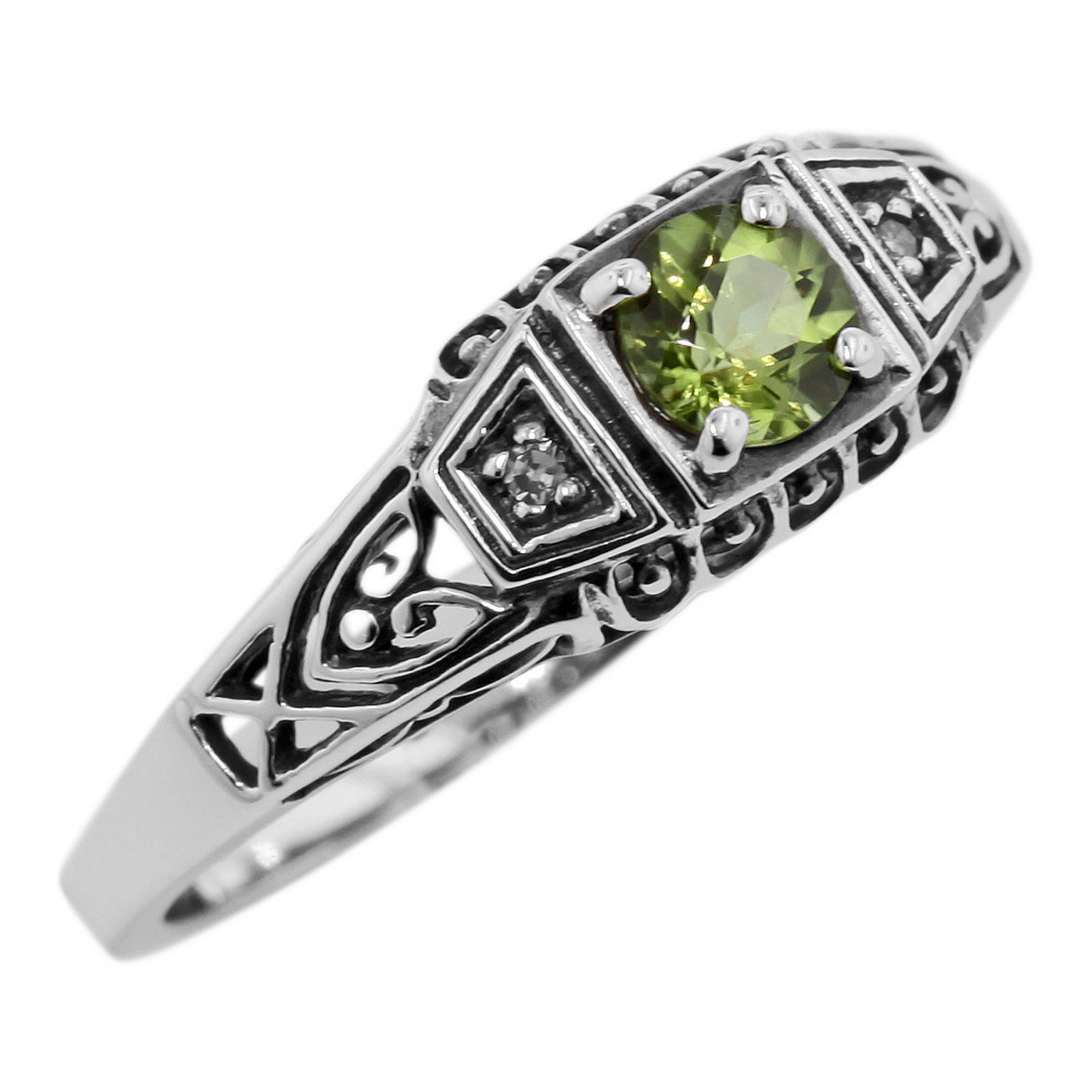 Victorian style, Diamond, Peridot, sterling silver rings, front view