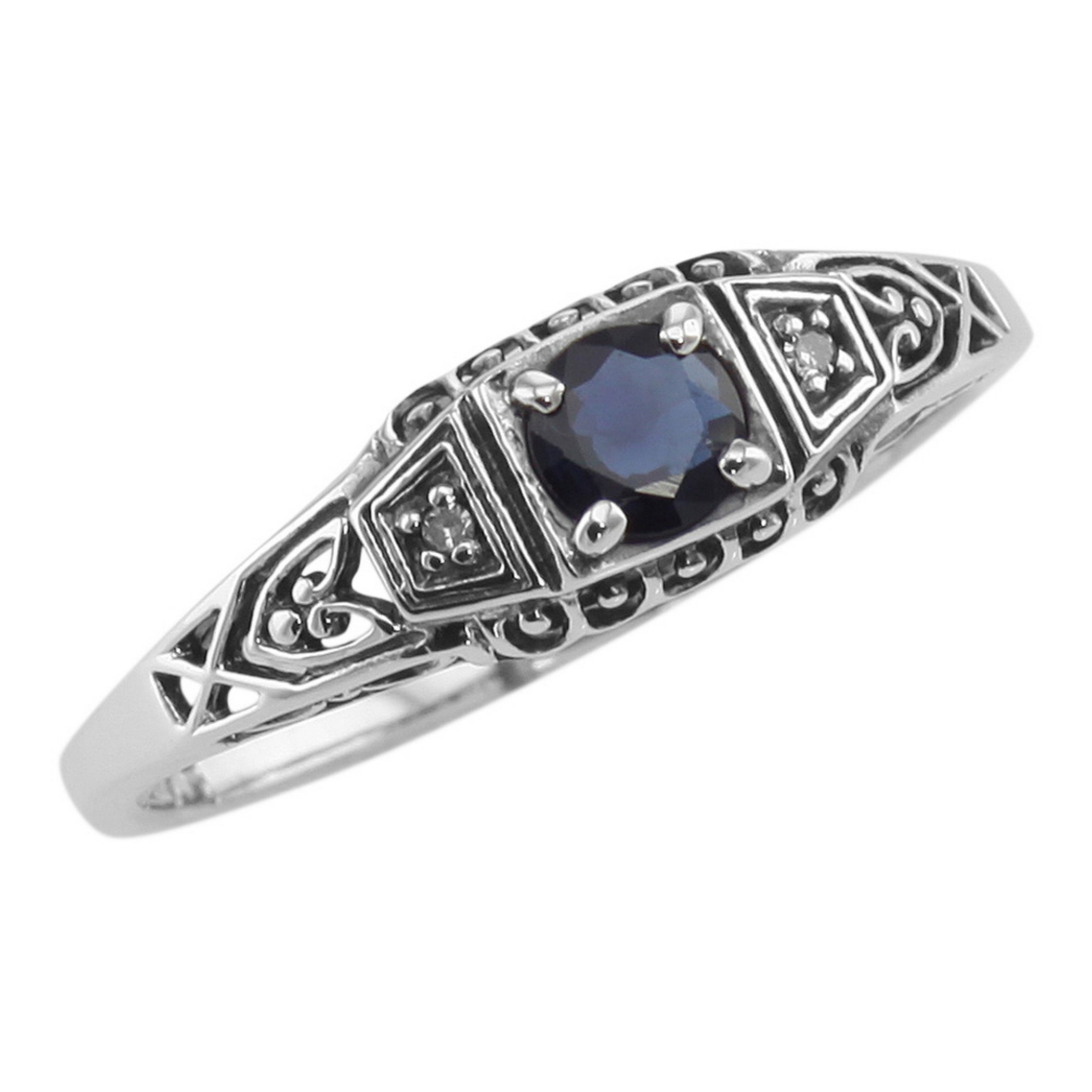 Filigree, Sapphire, Diamond, sterling silver rings, front view