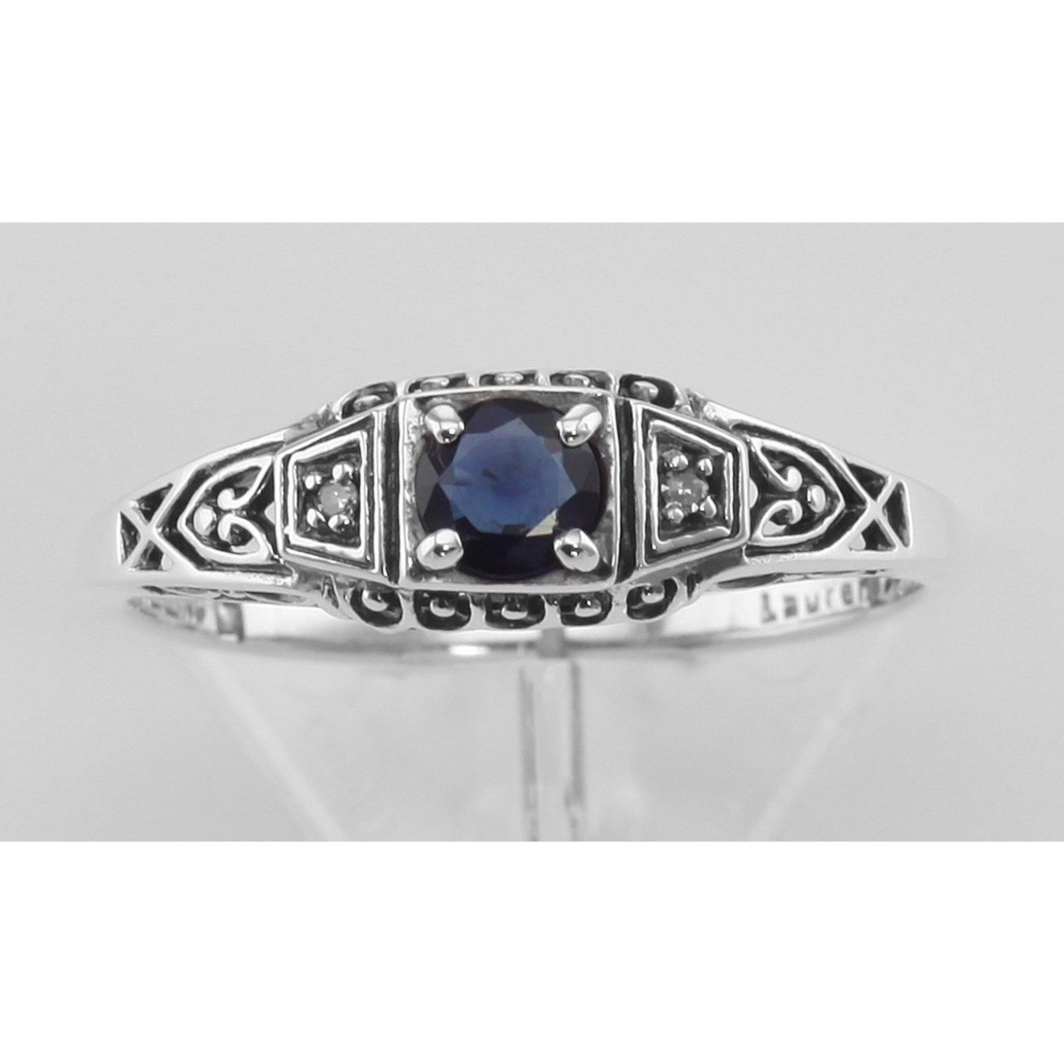 Detail view of Sapphire Filigree Ring w/ 2 Diamonds highlighting Sapphire, Diamond