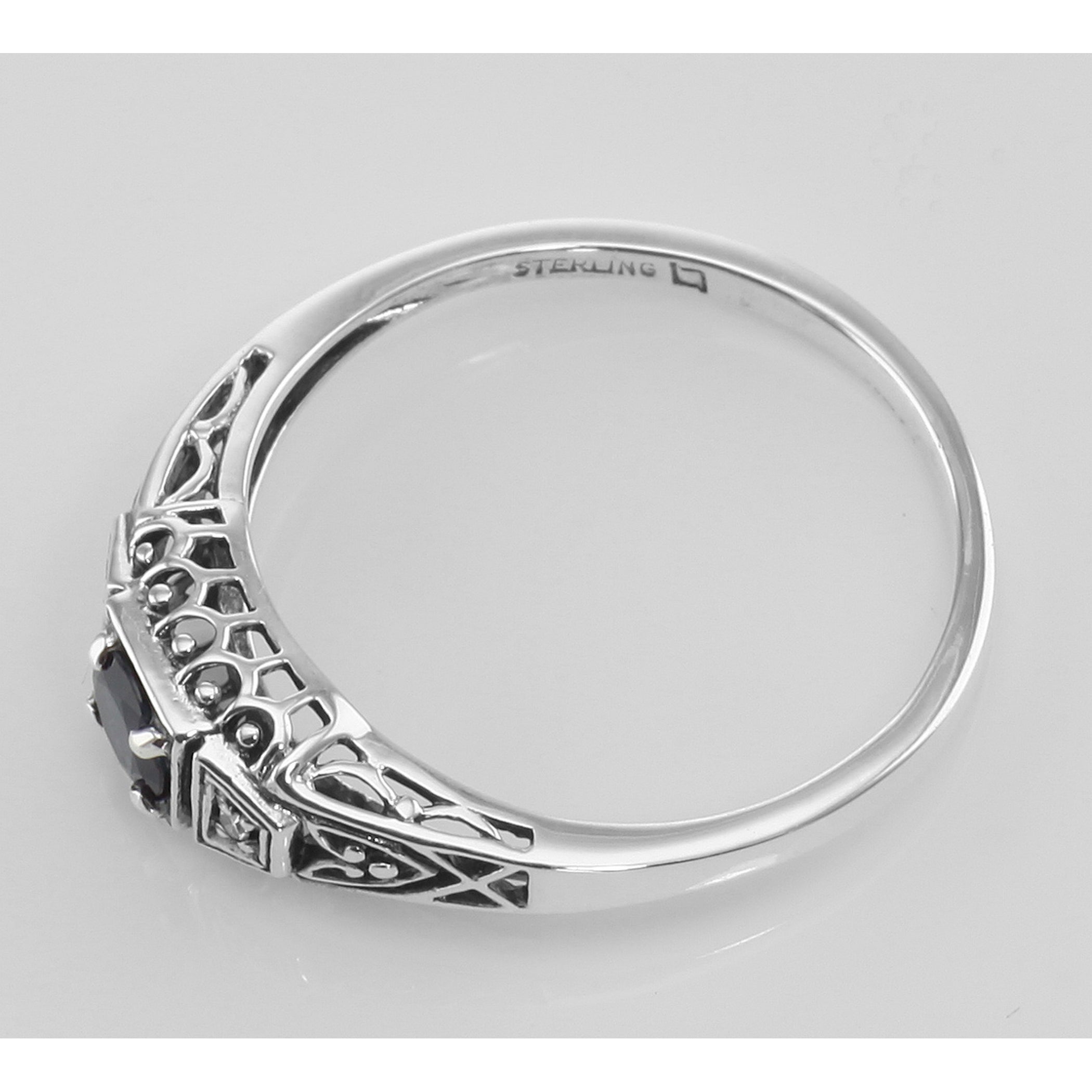 Back view of Sapphire Filigree Ring w/ 2 Diamonds showing 925 sterling silver hallmark