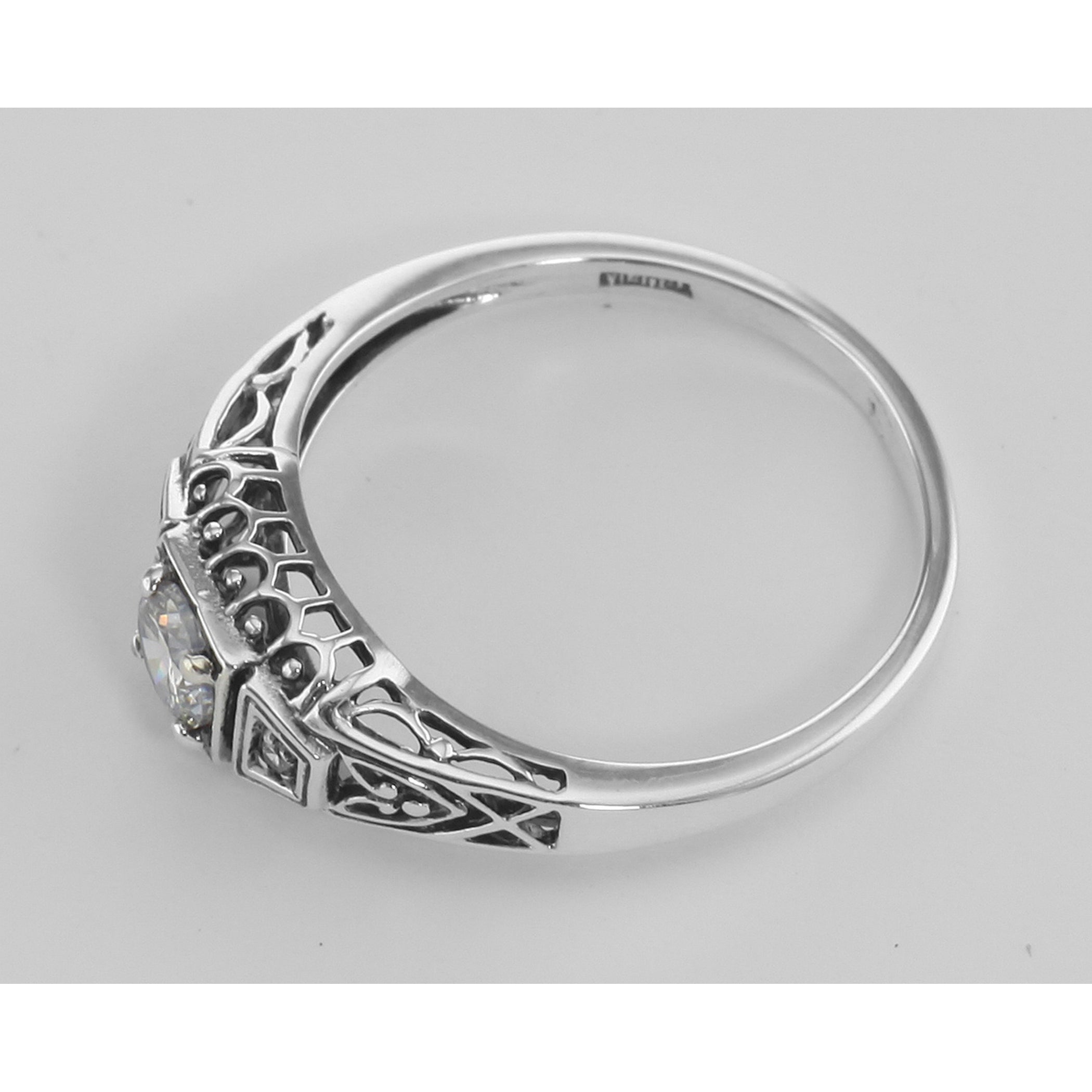 Back view of CZ Filigree Ring w/ 2 Diamonds showing 925 sterling silver hallmark