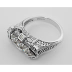 Back view of Art Deco Style Sterling Silver Filigree Ring w/ CZ showing 925 sterling silver hallmark