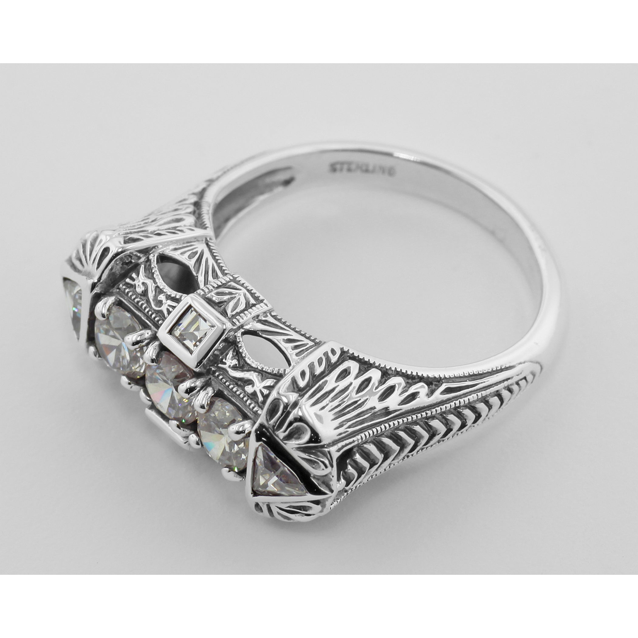 Back view of Art Deco Style Sterling Silver Filigree Ring w/ CZ showing 925 sterling silver hallmark