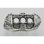 Detail view of Art Deco Style Semi Mount Sterling Silver Filigree Ring w/ CZ Accents highlighting CZ