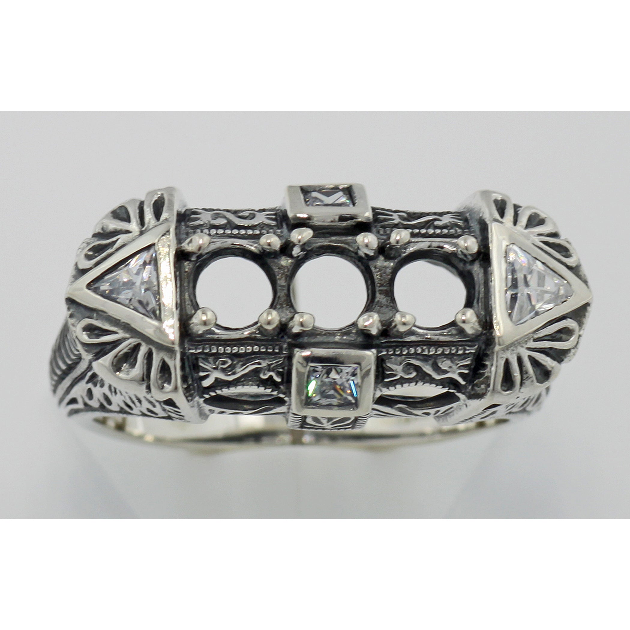 Detail view of Art Deco Style Semi Mount Sterling Silver Filigree Ring w/ CZ Accents highlighting CZ
