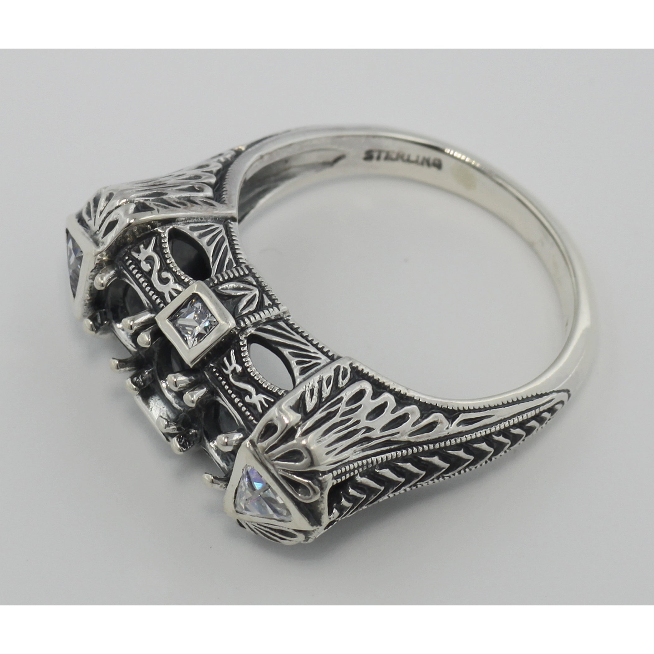Back view of Art Deco Style Semi Mount Sterling Silver Filigree Ring w/ CZ Accents showing 925 sterling silver hallmark